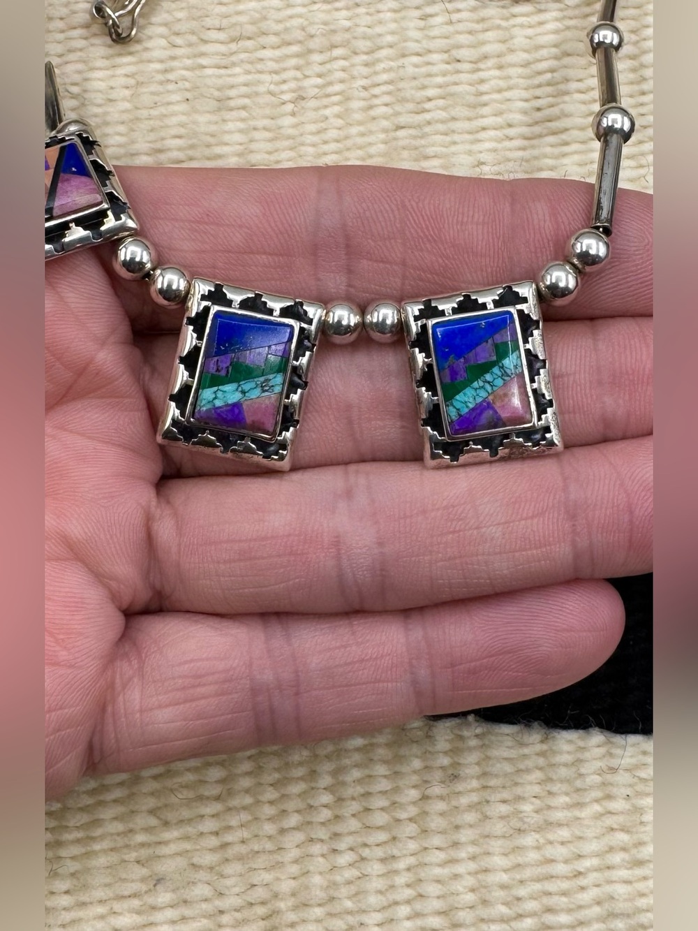 Navajo Native American Sterling Silver Turquoise Multi Stone Inlay Bib Necklace - Picture 9 of 10